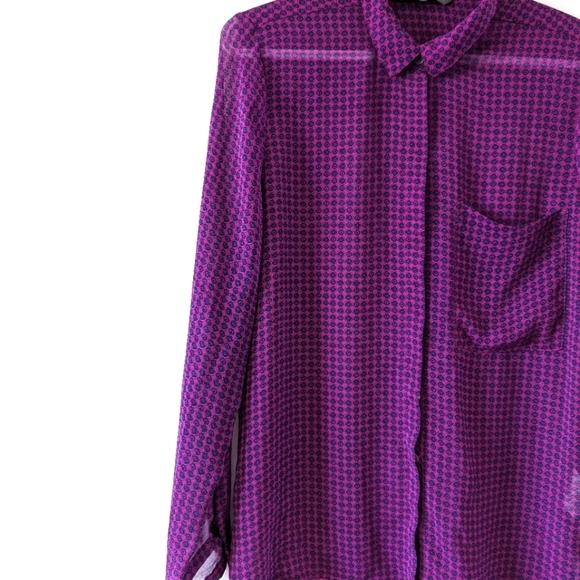 SmartSet Women's Medium Sized Purple Patterned Blouse Sheer Button Down Shirt - Picture 2 of 11